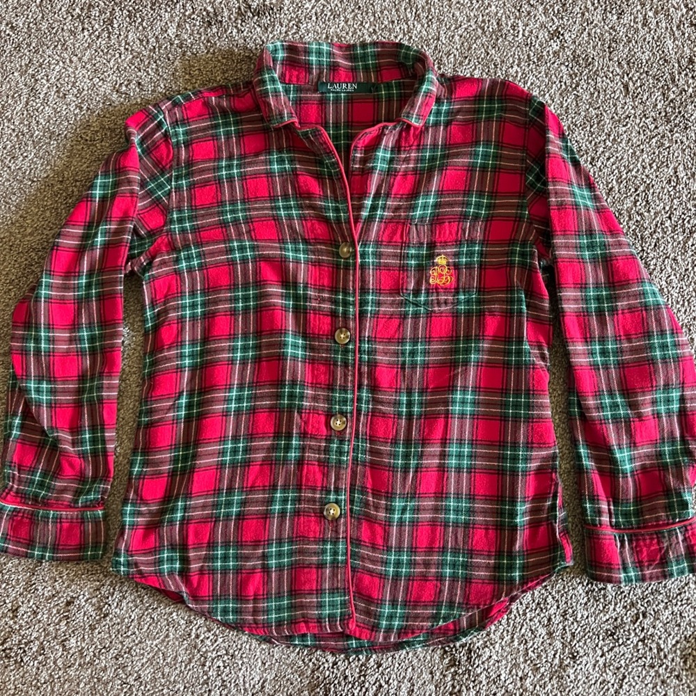 Lauren Ralph Lauren Flannel Pajama Shirt Plaid Button Down Long Sleeve‎ L 0299